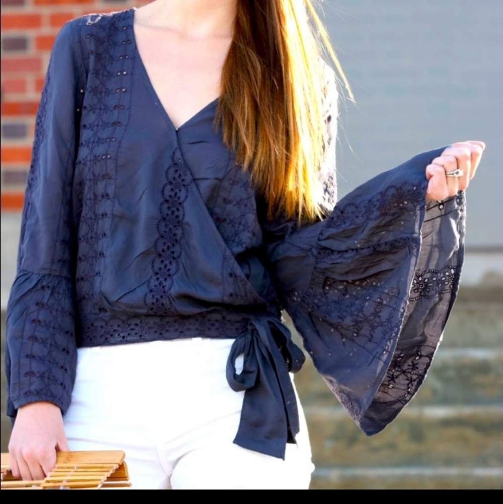 American Eagle Outfitters Gray Wrap Blouse with Bell Sleeves